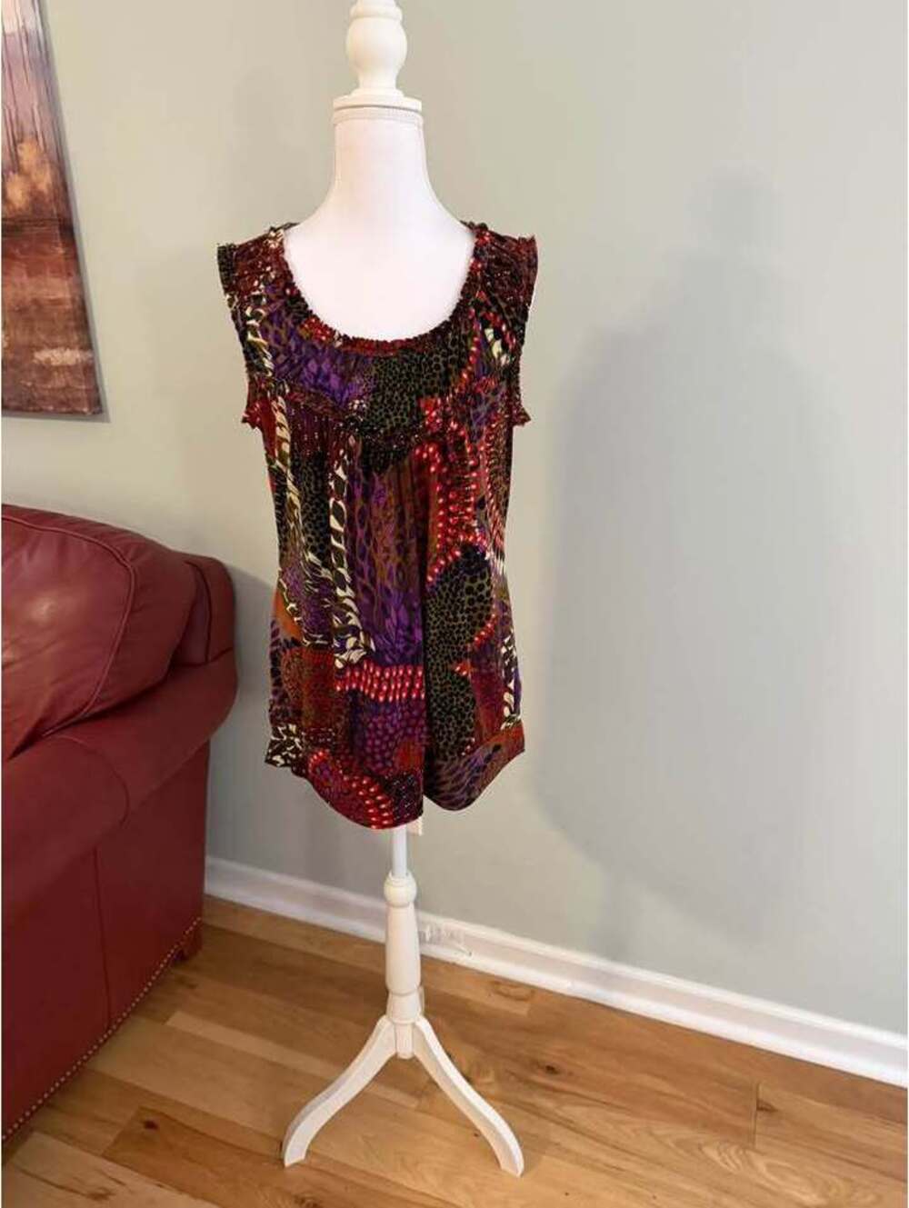 Woman Within Size M Sleeveless Multi-Color Patterned Blouse